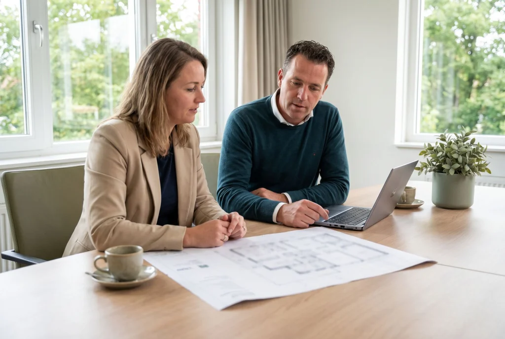 Locatiemanager en facilitair manager bekijken samen een plattegrond van de kamers