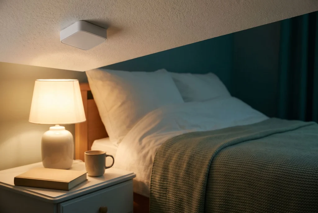 Kleine witte sensor aan het plafond boven een opgemaakt bed in een rustige zorgkamer