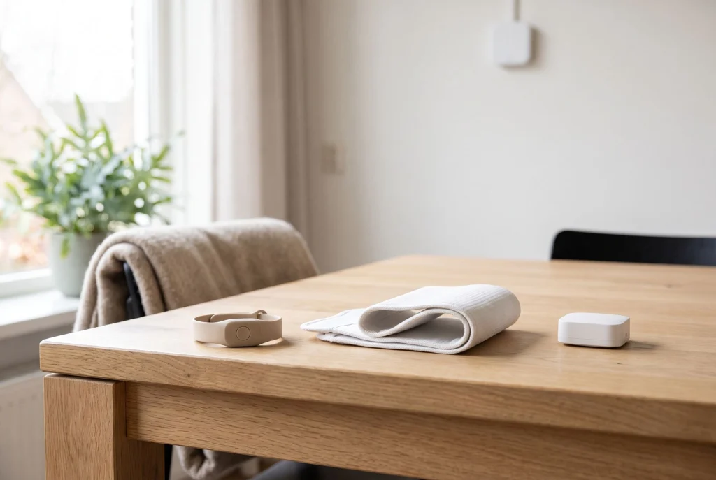 Polsband, bedsensormat en plafondsensor naast elkaar op tafel