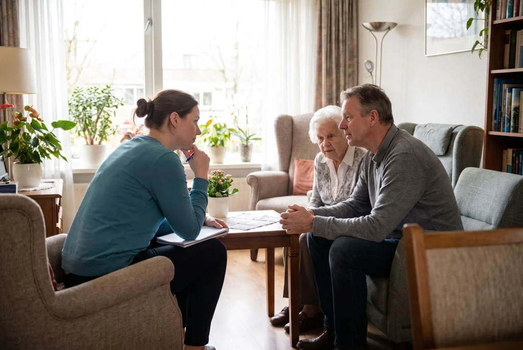Zorgprofessional in gesprek met een oudere vrouw en haar zoon in een huiskamer