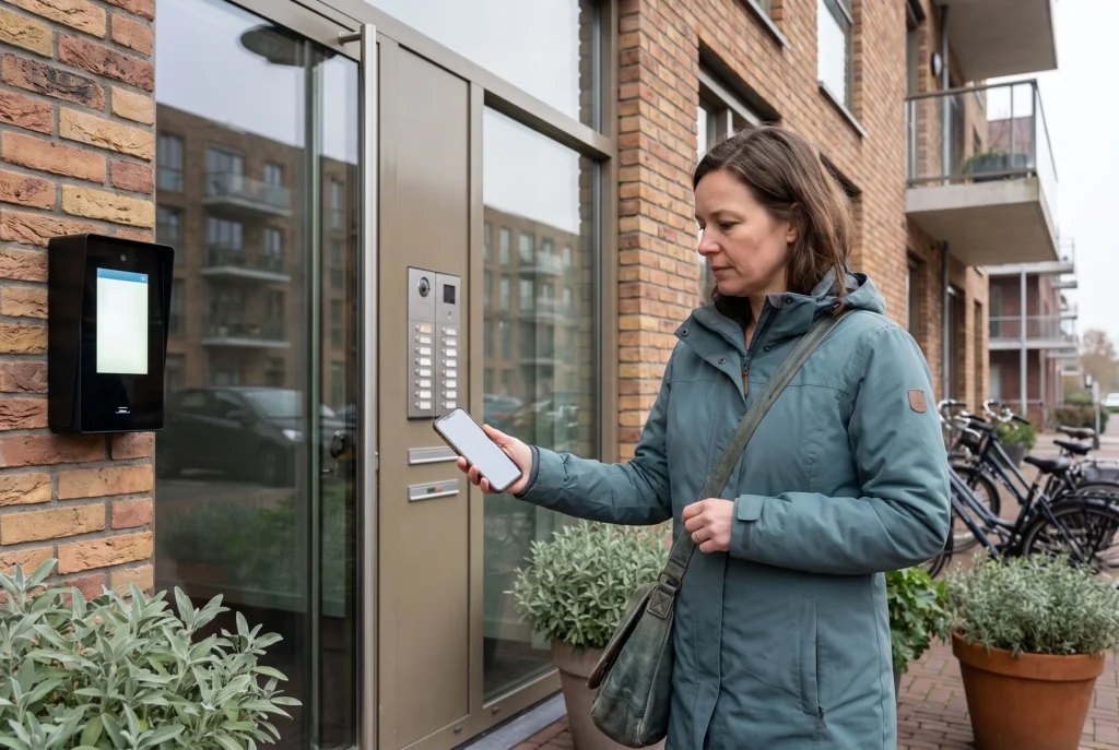 Thuiszorgmedewerker houdt haar telefoon bij de deurpost van een seniorenwoning