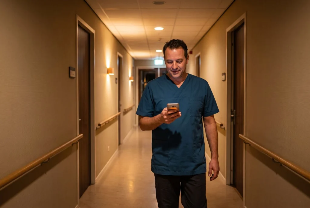 Zorgmedewerker in de nachtdienst bekijkt een melding op de telefoon in de gang