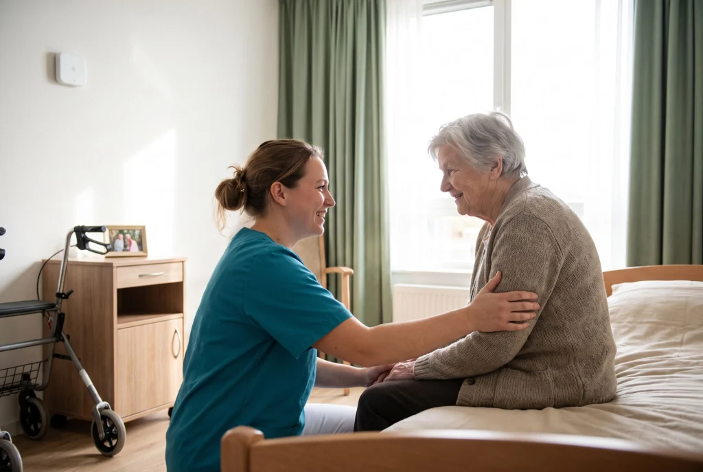Zorgmedewerker helpt een oudere vrouw op de rand van haar bed; aan het plafond een kleine witte sensor